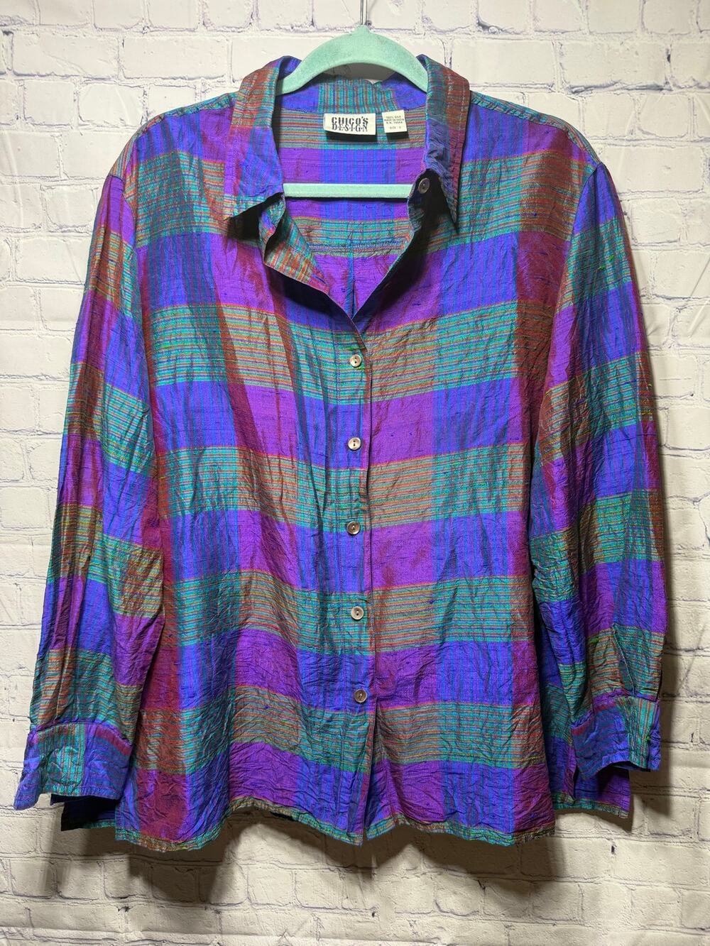 Chico's Design VTG Silk Plaid Button Down Sz XL Rave Whimsigoth Jewel Tone